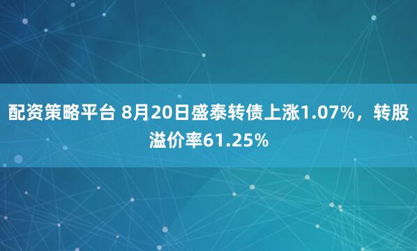 配资策略平台 8月20日盛泰转债上涨1.07%，转股溢价率61.25%